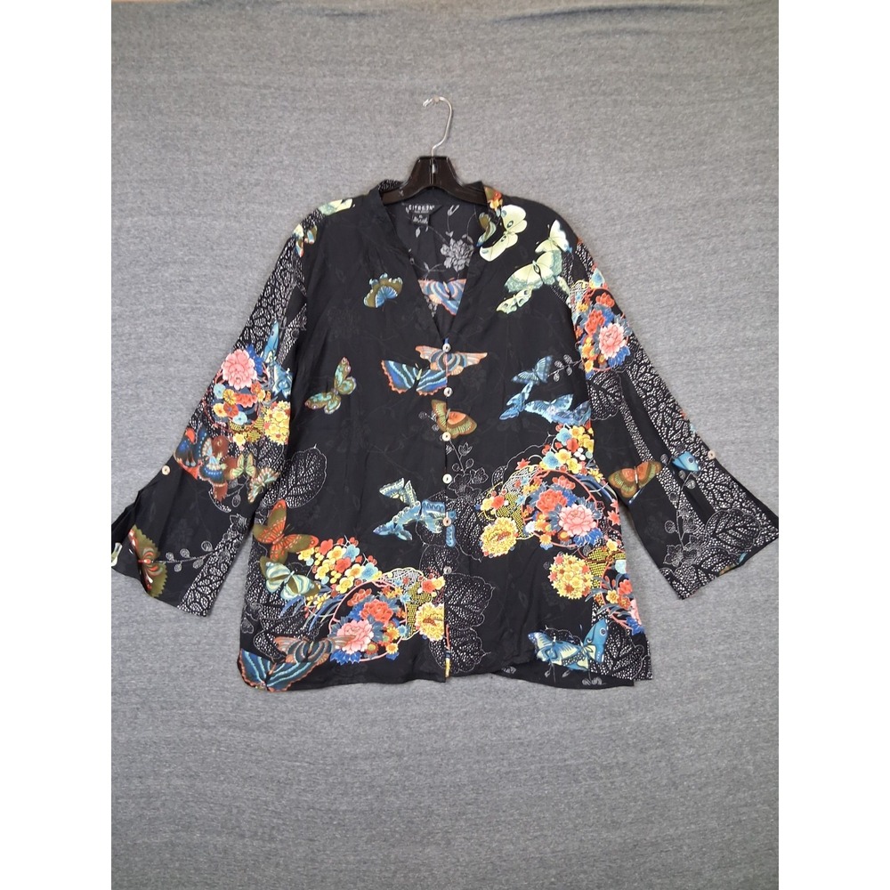 Citron Santa Monica Womens Blouse XL Black 100% Silk Botanical Garden Art Whimsy